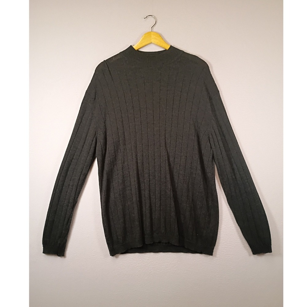 Dark Academia J. Ferrar Men Large Grey 100% Merino Wool Ribbed Mock Neck Sweater